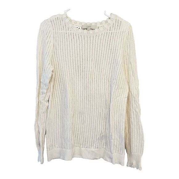 Ann Taylor LOFT White Sweater Large Womens Wool Cotton Scalloped Hem Cottagecore - Picture 1 of 9